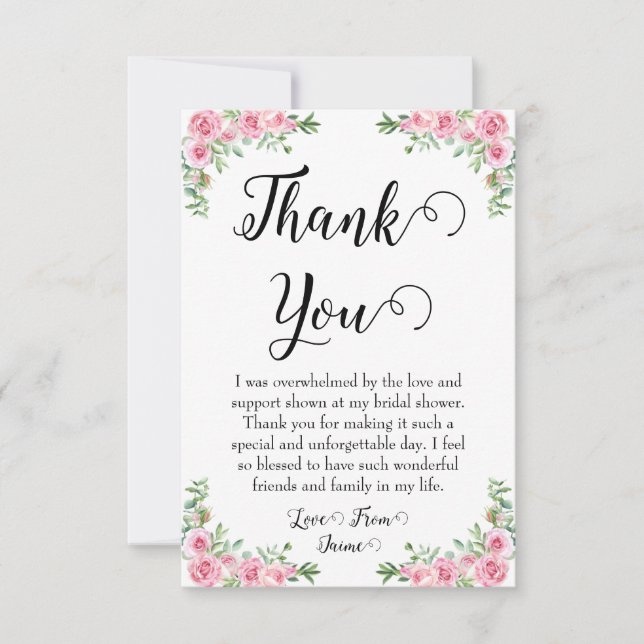 blush pink floral bridal shower thank you cards (Front)