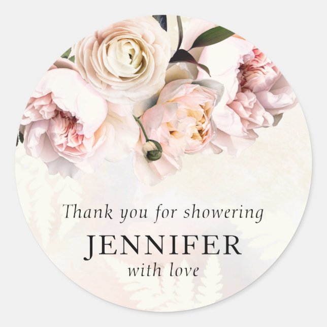 Blush Pink Floral Bridal Shower Thank you Classic Round Sticker (Front)