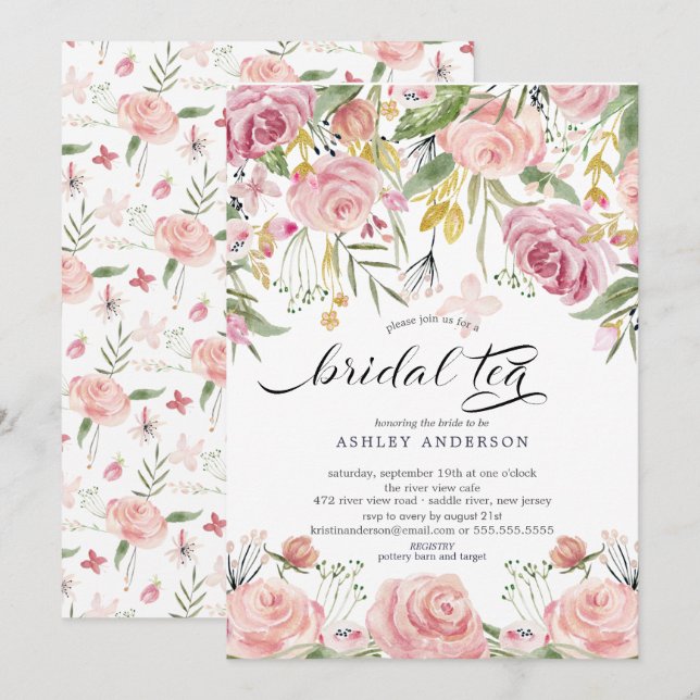 Blush Pink Floral Bridal Tea Invitation (Front/Back)