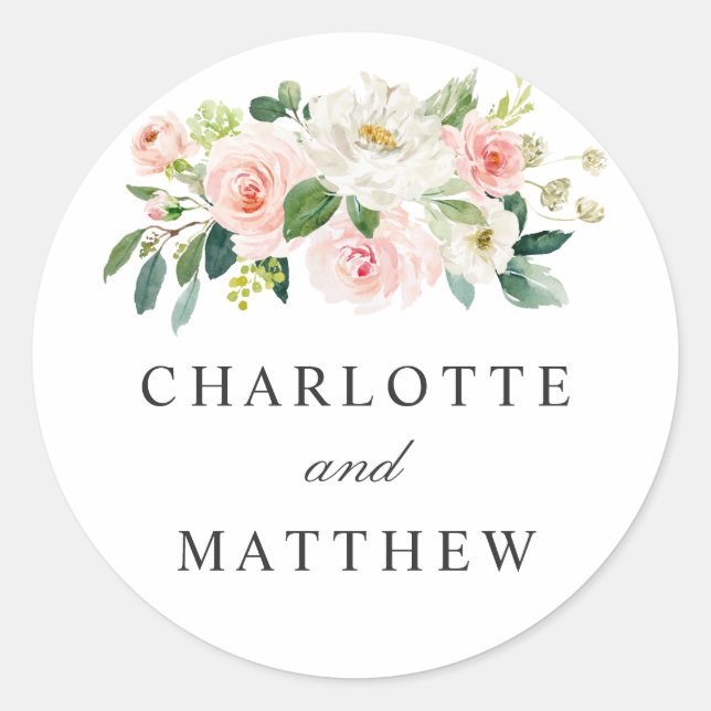 Blush Pink Floral Bride and Groom Names Classic Round Sticker (Front)