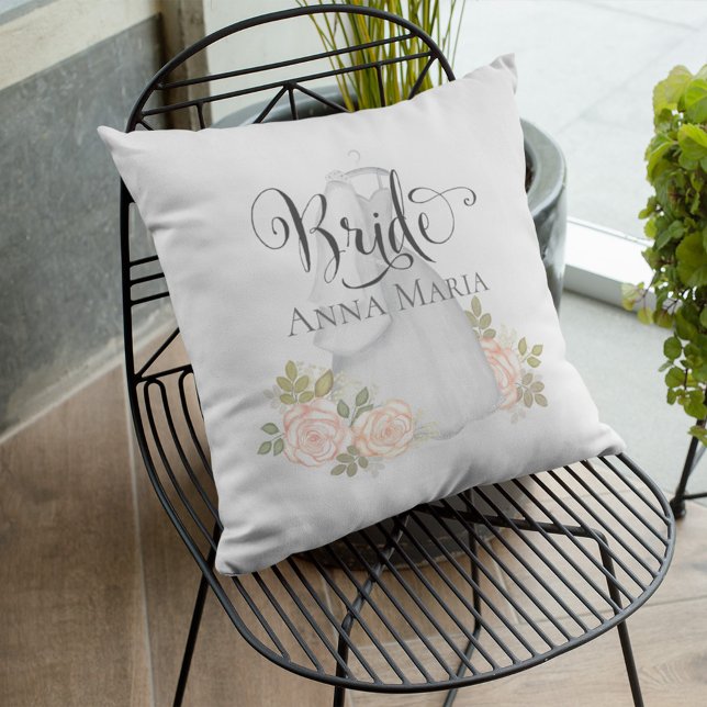 Blush pink Floral Bride Personalised Decor Cushion (Elegant Bride wedding dress with blush floral roses. )