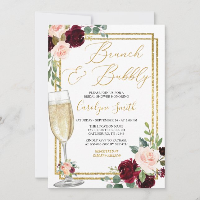 Blush Pink Floral Brunch And Bubbly Bridal Shower Invitation (Front)