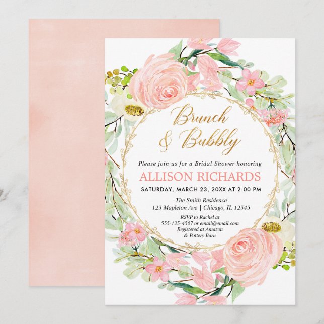 Blush pink floral Brunch and Bubbly Bridal Shower Invitation (Front/Back)