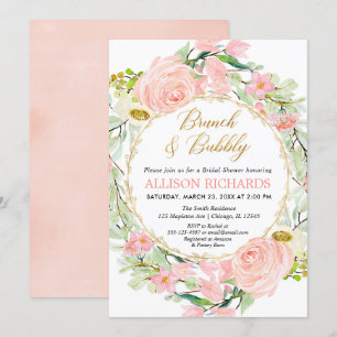 Blush pink floral Brunch and Bubbly Bridal Shower Invitation