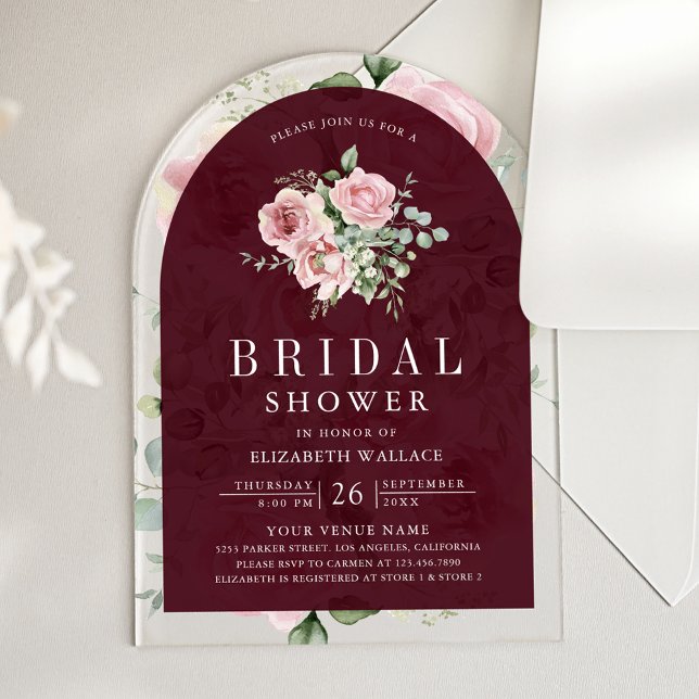 Blush Pink Floral Burgundy Bridal Shower Acrylic Invitations (Creator Uploaded)