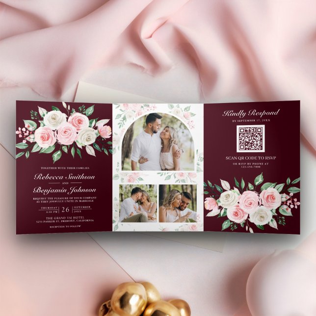 Blush Pink Floral Burgundy QR Code Wedding Tri-Fold Invitation (Creator Uploaded)