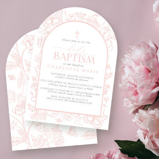 Blush Pink Floral Butterflies Holy Baptism Cross Invitation