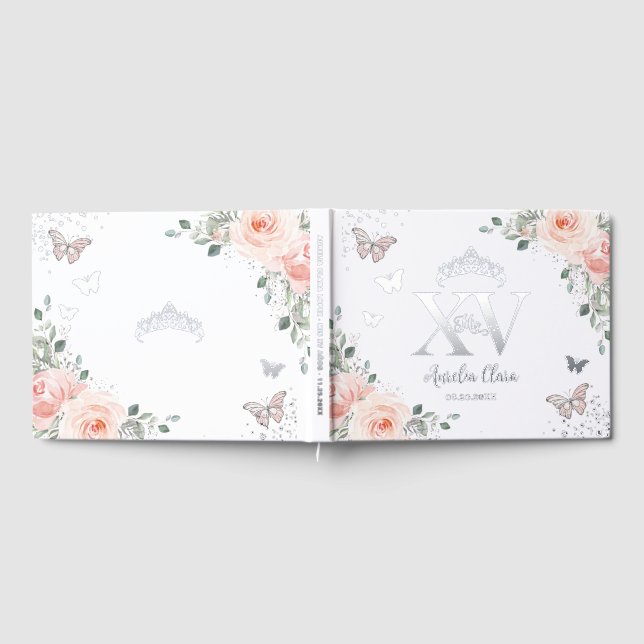 Blush Pink Floral Butterflies Silver Quinceañera Guest Book (Full)
