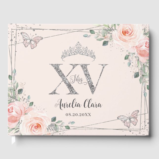 Blush Pink Floral Butterflies Silver Quinceañera Guest Book (Front)