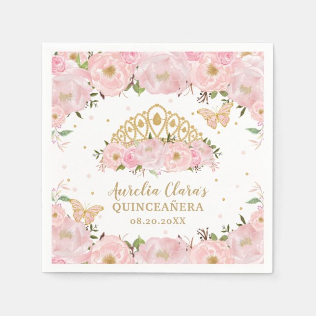 Blush Pink Floral Butterflies Tiara QUINCEAÑERA Napkin (Front)