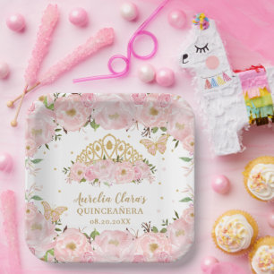 Blush Pink Floral Butterflies Tiara QUINCEAÑERA P Paper Plate