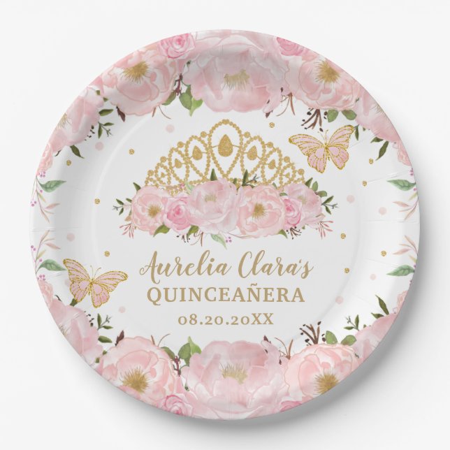Blush Pink Floral Butterflies Tiara QUINCEAÑERA  Paper Plate (Front)