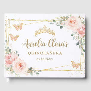 Blush Pink Floral Butterfliies Gold Quinceanera Guest Book