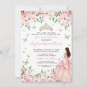 Blush Pink Floral Butterfly Gold Quinceanera Invitation