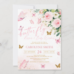 Blush Pink Floral Butterfly Kisses Baby Shower Invitation