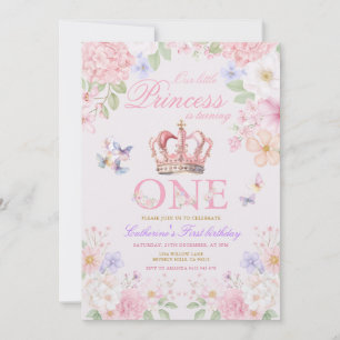  Blush Pink Floral Butterfly Princess 1st Birthday Invitation