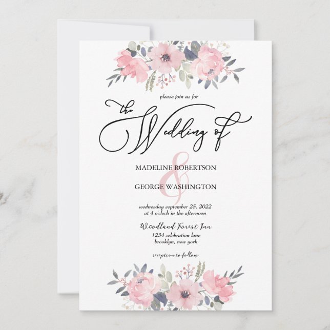 Blush Pink Floral Calligraphy Wedding Invitation (Front)