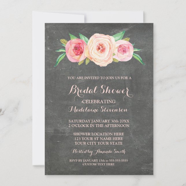 Blush Pink Floral Chalkboard Bridal Shower Invitation (Back)