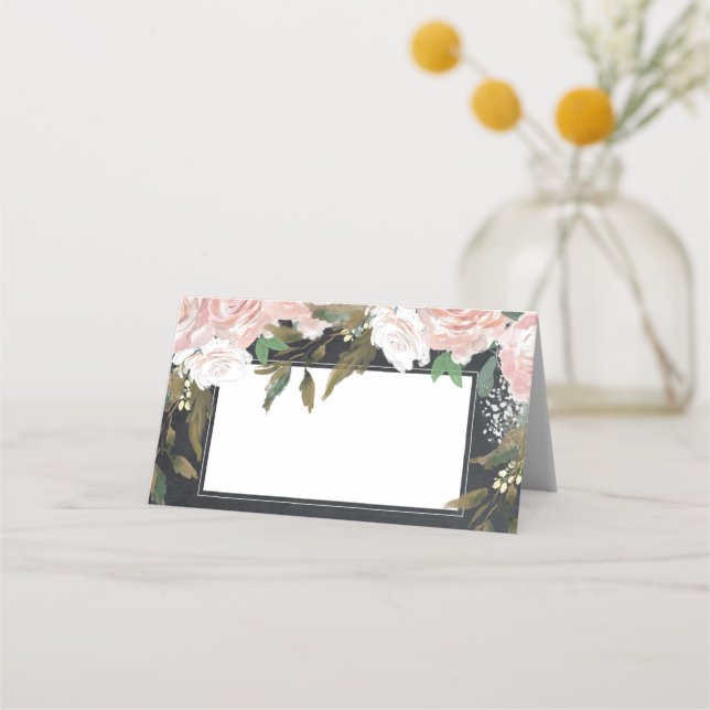blush pink floral chalkboard wedding place card (Front)