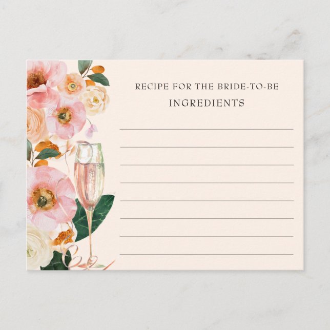Blush Pink Floral Champagne Recipe For The Bride Postcard (Front)