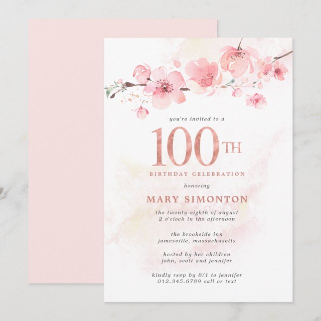 Blush Pink Floral Cherry Blossom 100th Birthday Invitation (Front/Back)
