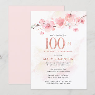 Blush Pink Floral Cherry Blossom 100th Birthday Invitation