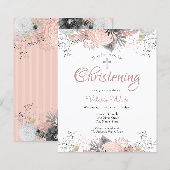 Blush Pink Floral Christening Budget Invitations (Front/Back)