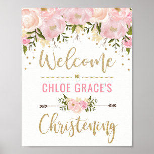 Blush Pink Floral Christening Welcome Sign Decor
