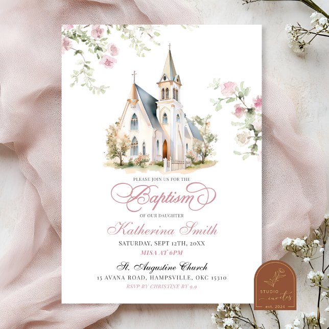 Blush Pink Floral Classical Church Baptism Invitation (Creator Uploaded)