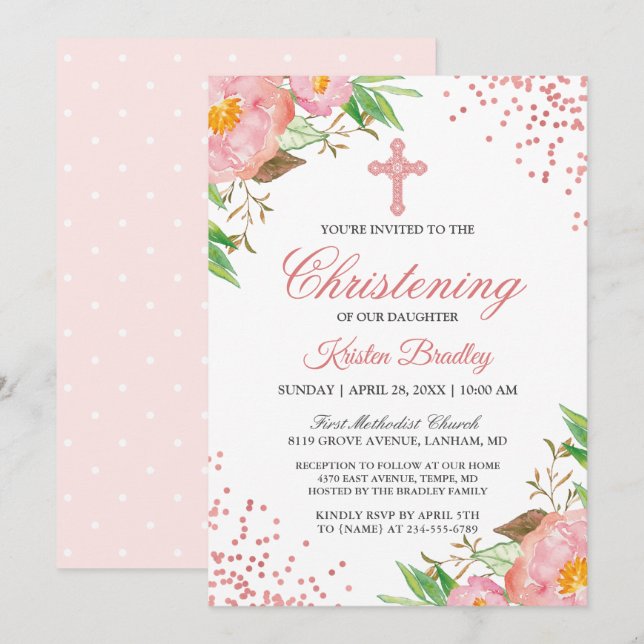 Blush Pink Floral Confetti Christening Baptism Invitation (Front/Back)