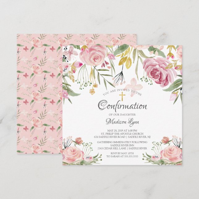 Blush Pink Floral Confirmation Invitation (Front/Back)