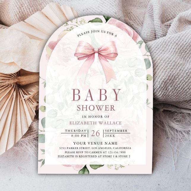  Blush Pink Floral Coquette Bow Arch Baby Shower Invitation (Creator Uploaded)