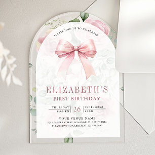 Blush Pink Floral Coquette Bow Arch First Birthday Acrylic Invitations