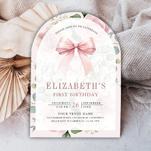 Blush Pink Floral Coquette Bow Arch First Birthday Invitation