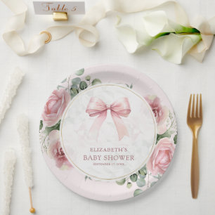 Blush Pink Floral Coquette Bow Baby Shower Paper Plate