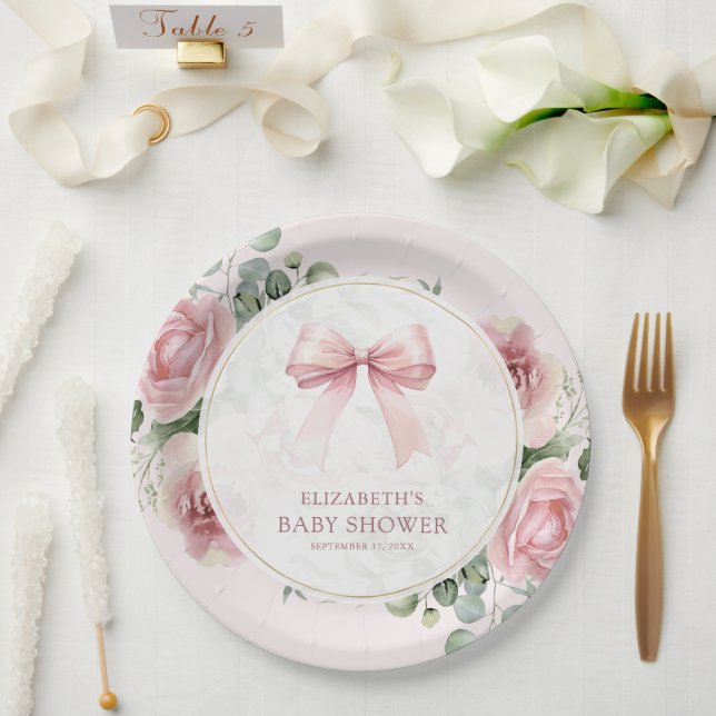  Blush Pink Floral Coquette Bow Baby Shower Paper Plate (Wedding)