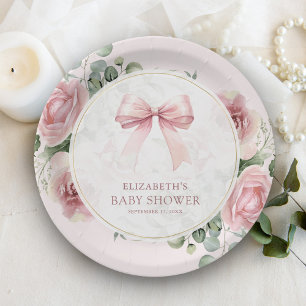 Blush Pink Floral Coquette Bow Baby Shower Paper Plate