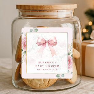 Blush Pink Floral Coquette Bow Baby Shower Square Sticker