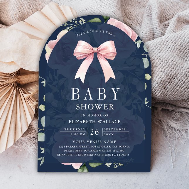  Blush Pink Floral Coquette Bow Navy Baby Shower Invitation (Creator Uploaded)