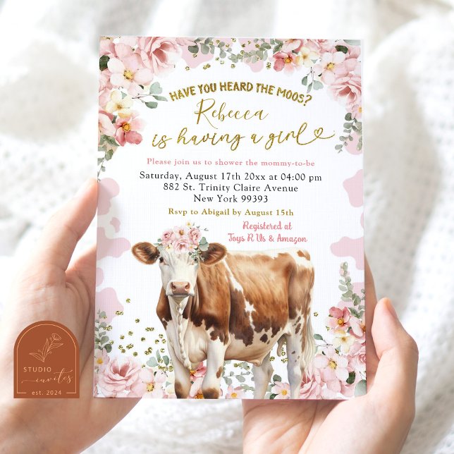 Blush Pink Floral Cow Farm Girl Baby Shower Invitation (Creator Uploaded)