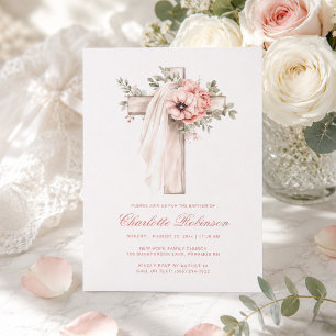 Blush Pink Floral Cross Baptism Invitation