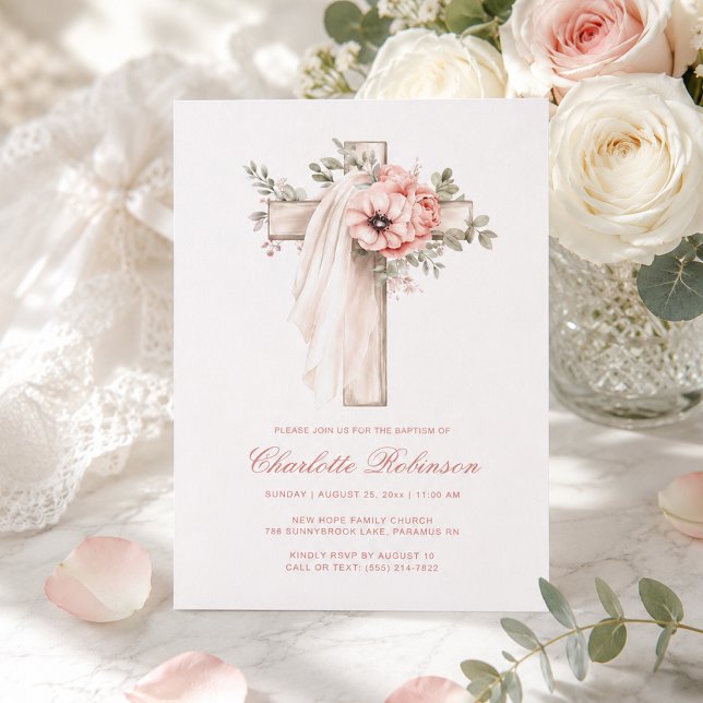 Blush Pink Floral Cross Baptism  Invitation (Creator Uploaded)