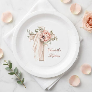 Blush Pink Floral Cross Baptism Paper Plate