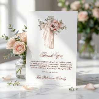 Blush Pink Floral Cross Baptism Thank You Card