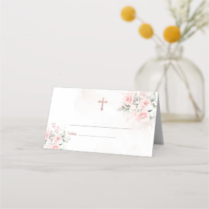 Blush Pink Floral Cross Christening Baptism Cross Place Card