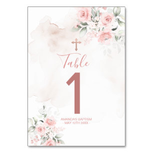 Blush Pink Floral Cross Christening Baptism Table Number