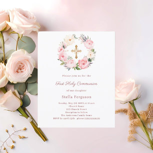 Blush pink floral cross First Communion invitation