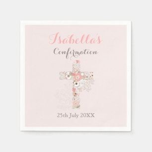 Blush pink floral cross name girl confirmation napkin