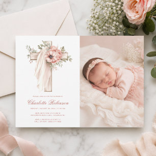 Blush Pink Floral Cross Photo Baptism Invitation