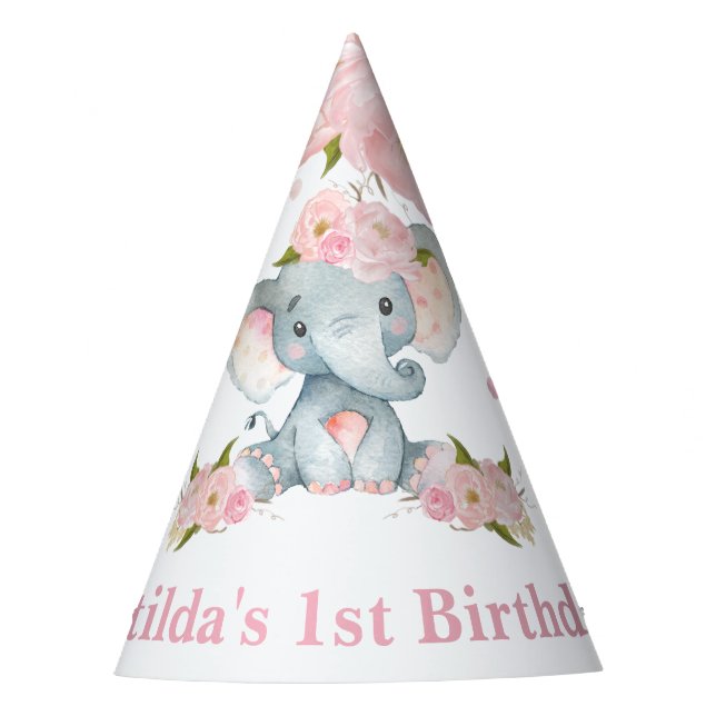 Blush Pink Floral Cute Baby Elephant 1st Birthday Party Hat (Front)